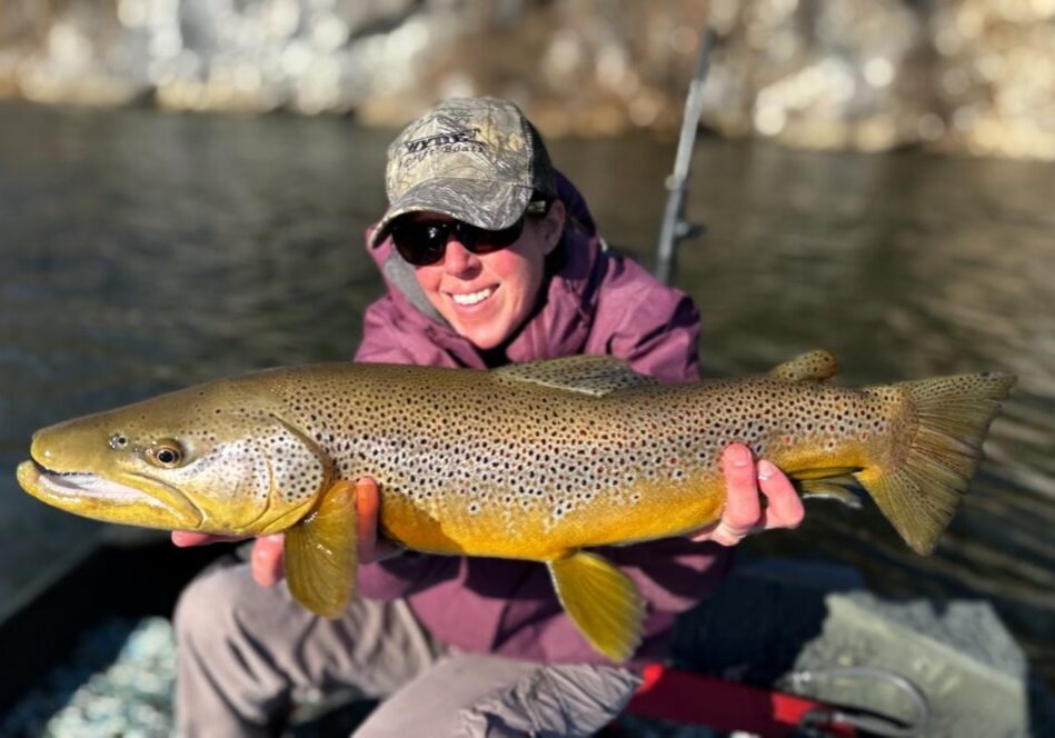 Angler holding large brown trout by river